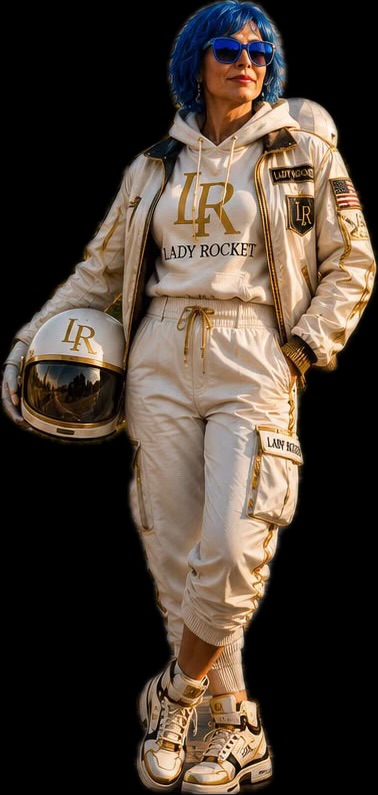 Lady Rocket in a white and gold LR flight suit holding a matching helmet