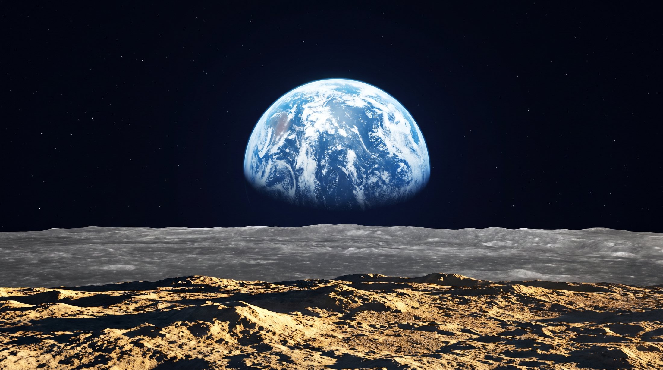 Earth rising over the lunar horizon